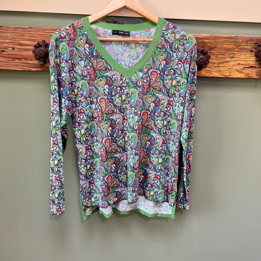 IVKO Woman Multicolor Paisley Floral V-Neck Knit Long Sleeve Top Size S M 36 38